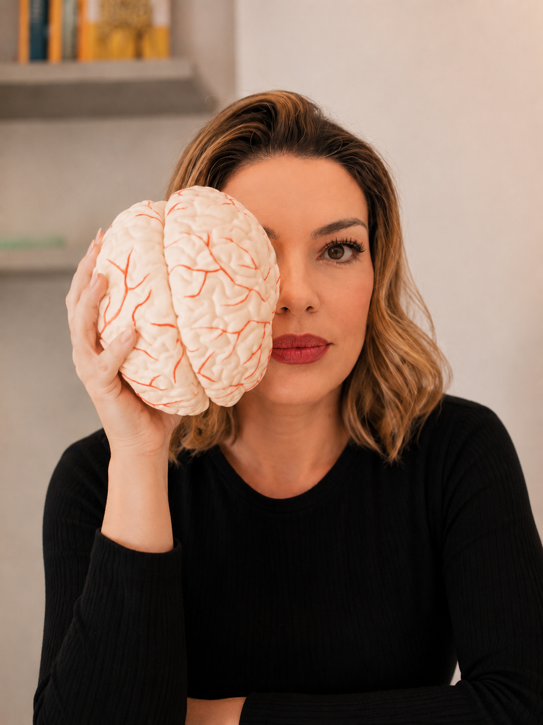 Keila Cavalcante segurando um modelo anatômico de cérebro