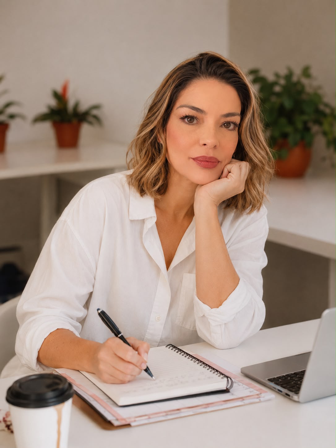 Keila Cavalcante escrevendo em um caderno durante atendimento online